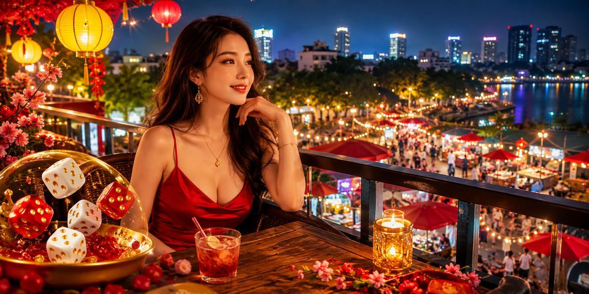 Bàn chơi Tài Xỉu tại một quán cà phê Hà Nội với ánh sáng neon đỏ tươi