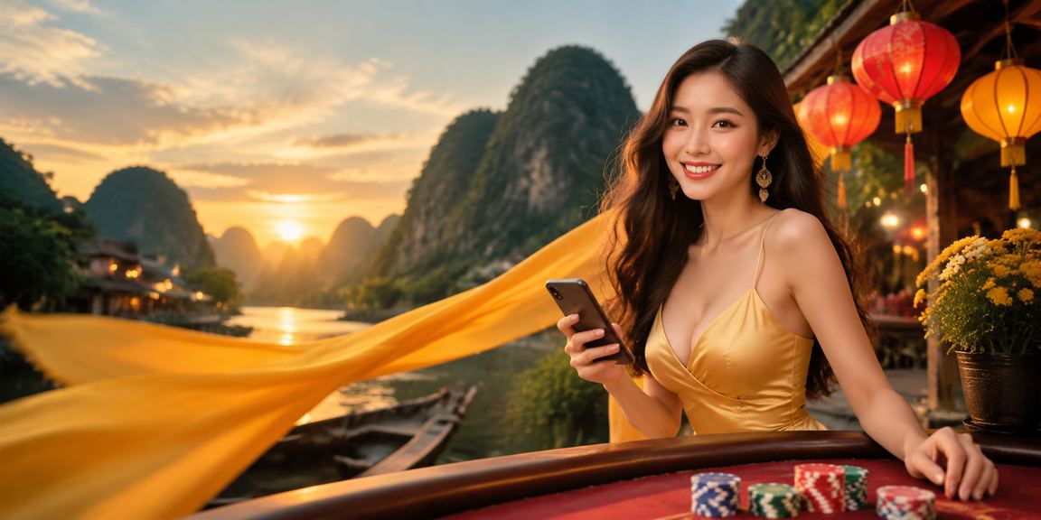 Người dùng trải nghiệm casino trực tuyến trên di động tại phố cổ Hội An với ánh đèn lồng rực rỡ